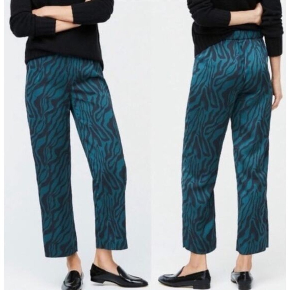 J.Crew Satin Wide Leg Pants Women 14 Green Zebra Print Trousers Pockets